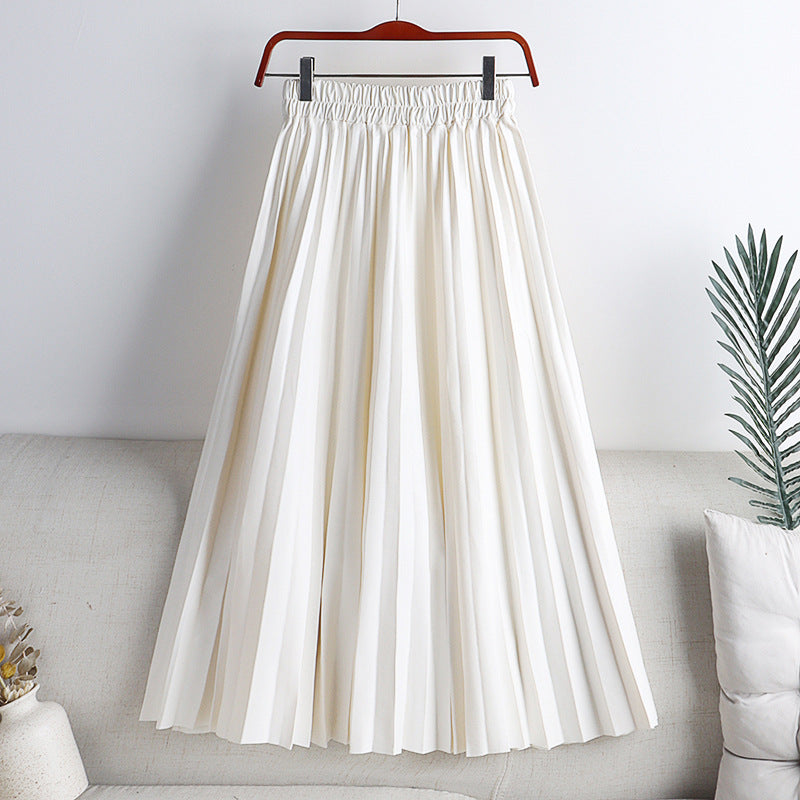 Solid Color Mid-length High Waist PU Leather Pleated Skirt For Women