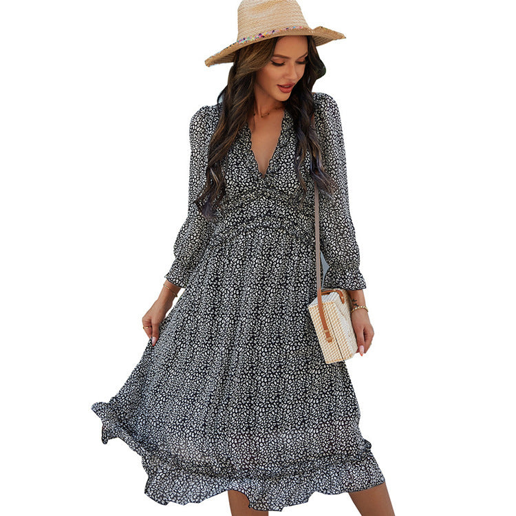 Printed Women's V-neck Stitching Long-sleeved Midi Dress