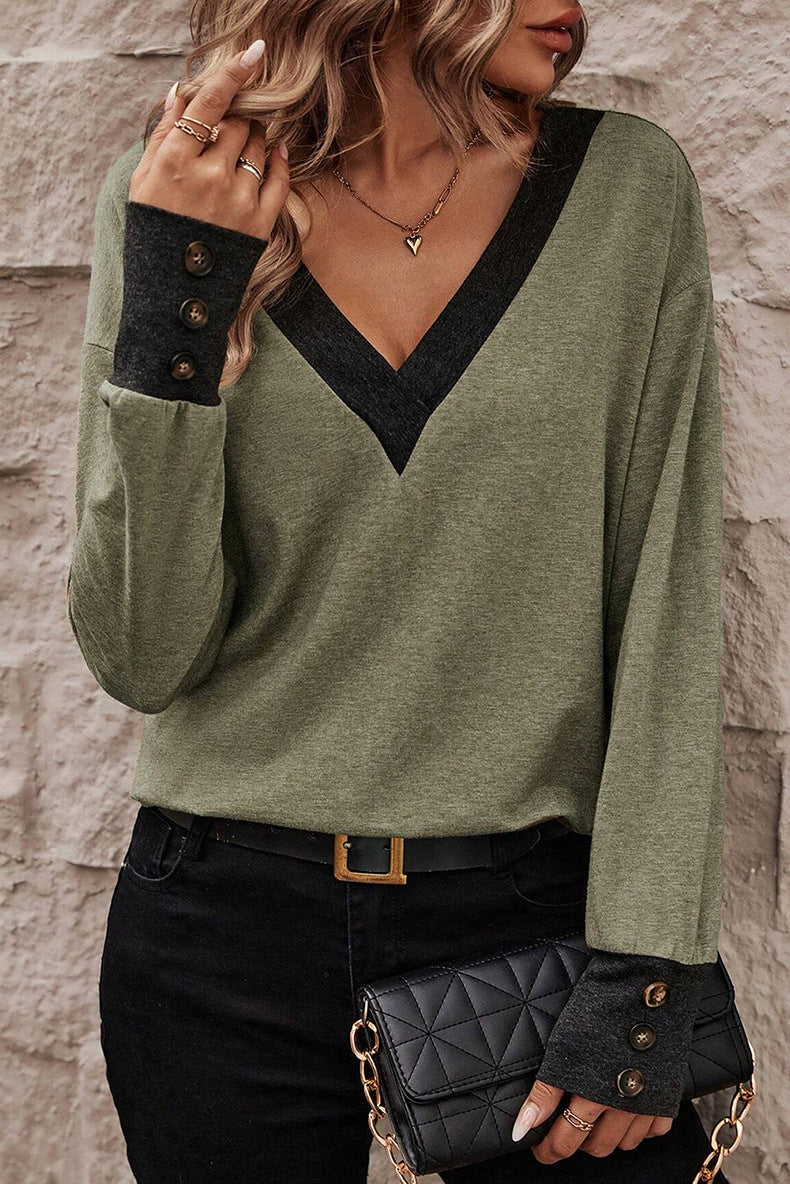 Women's Fashion Casual Loose-fitting V-neck Long Sleeves T-shirt