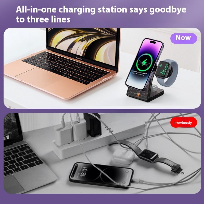 Transparent three-in-one wireless charger electromagnet stand