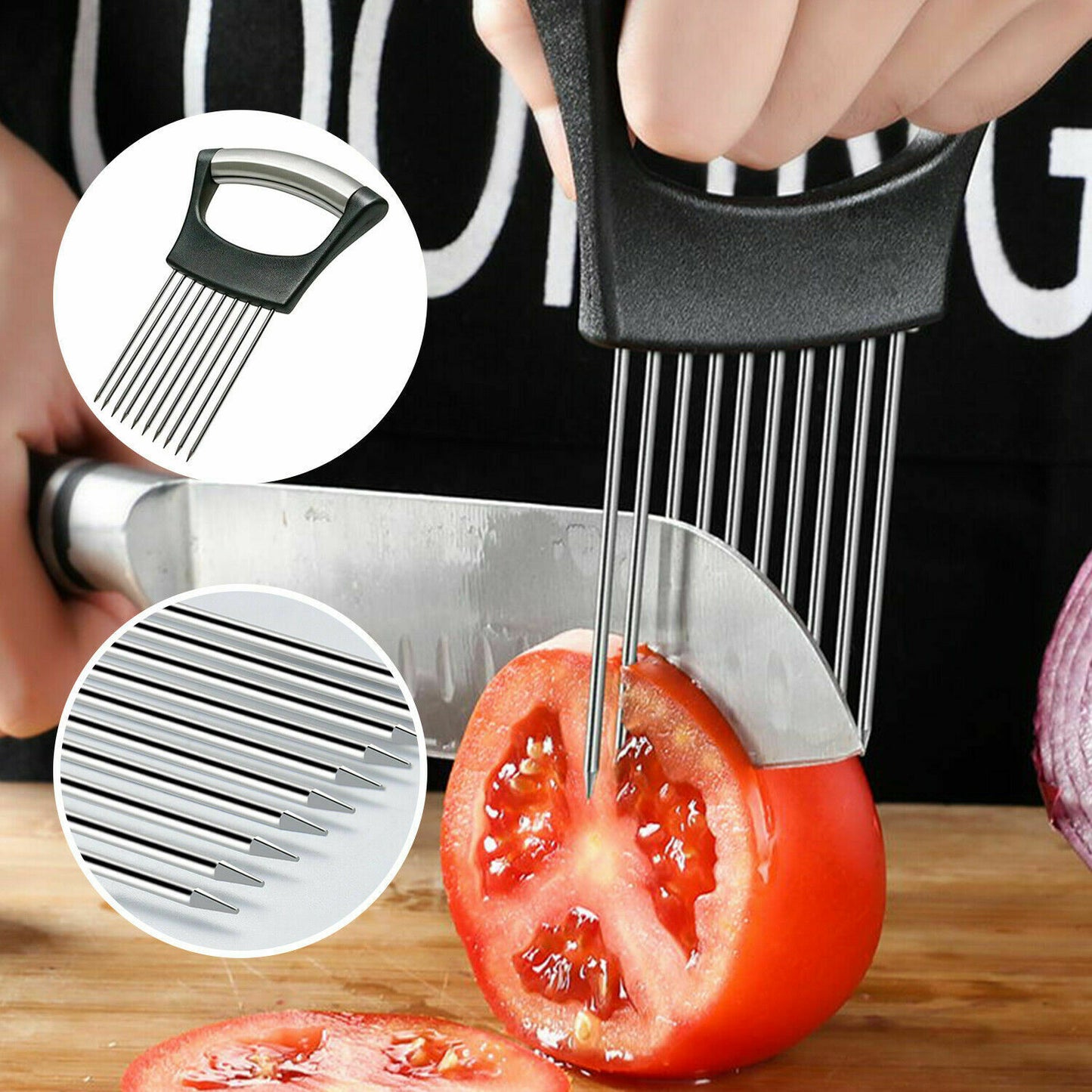 Food Slice Assistant - Stainless Steel Onion Holder Slicer Tomato Cutter Non-Slip