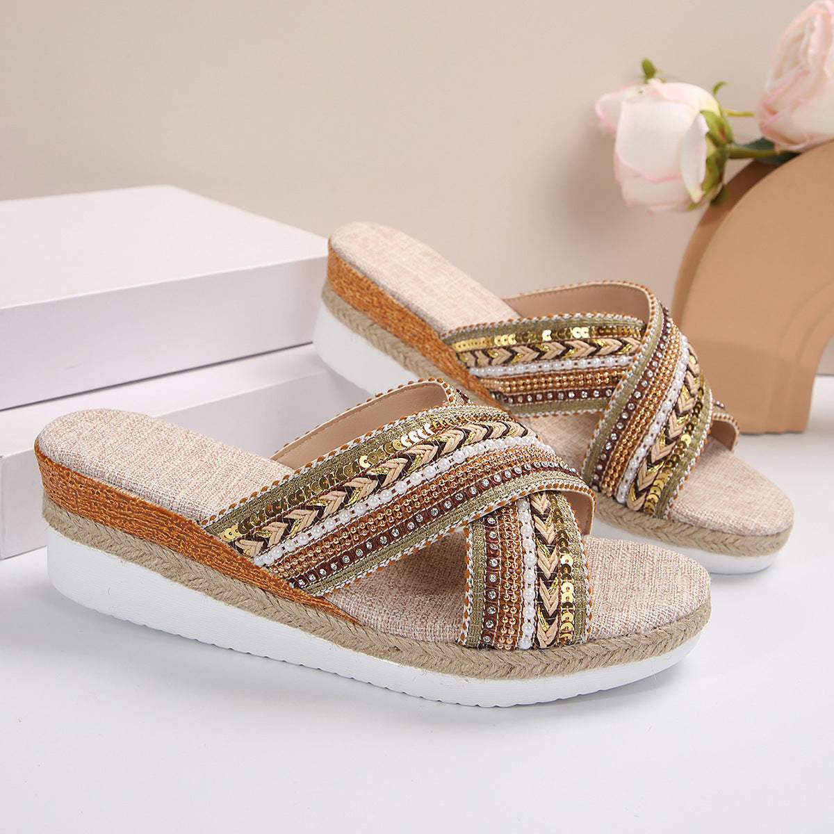 Linen Wedge Sandals Summer Ethnic Style Cross Strap Sandals for Women Anti-Slip Slides Beach Shoes