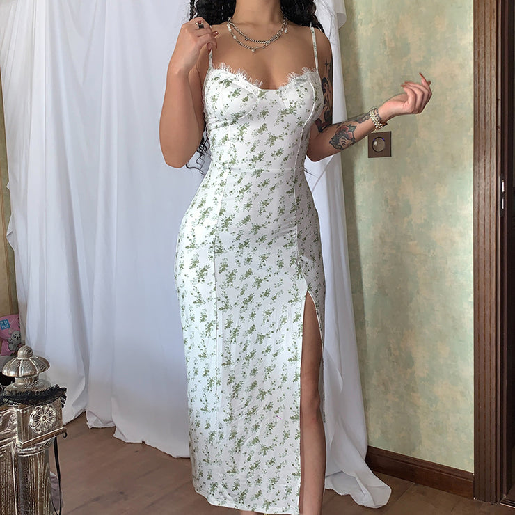 Spitze Blumen Druck Langes Kleid Sexy Mode Schlitz Hosenträger Kleid Sommer