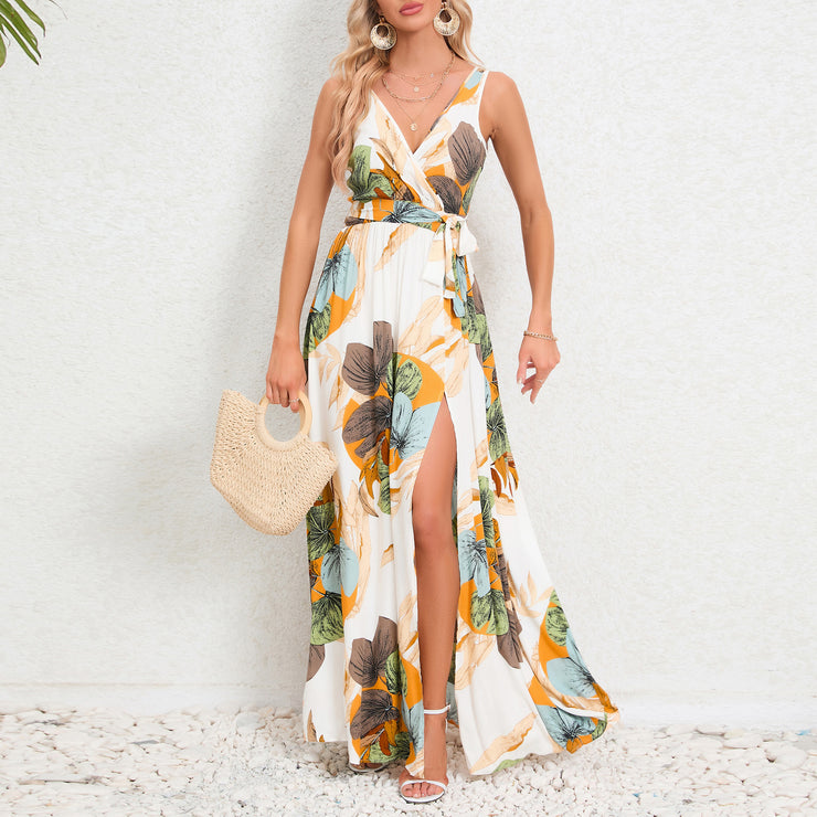 Langes Kleid mit V-Ausschnitt und Blumendruck, Sommermode, Taillenschnürung, Schlitzdesign, ärmelloses Kleid für Damenbekleidung