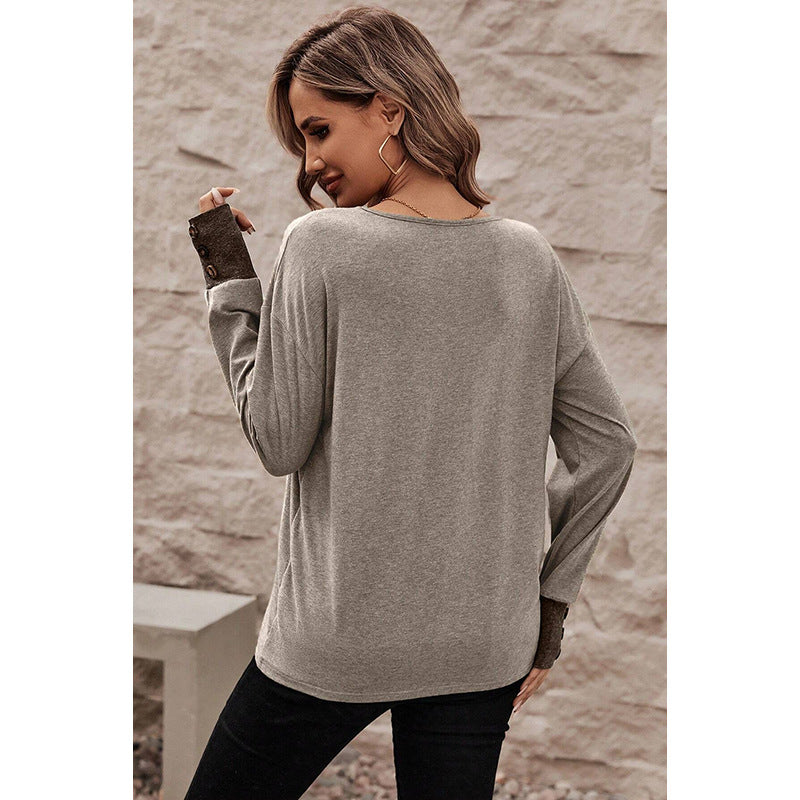 Women's Fashion Casual Loose-fitting V-neck Long Sleeves T-shirt