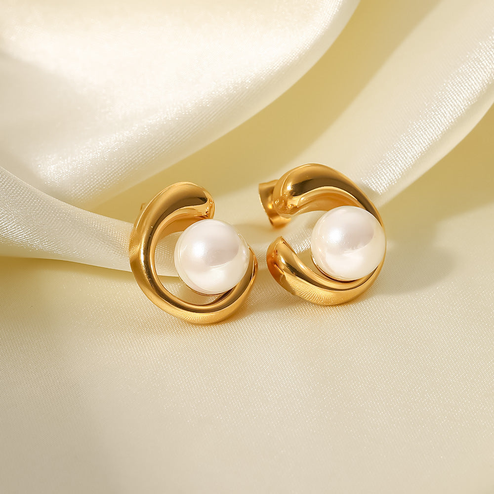 18k gold, stainless steel, geometric pearl stud earrings