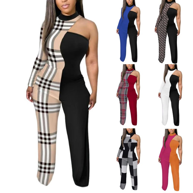 European And American Women's Printed Trousers Off-the-shoulder Slim Jumpsuit