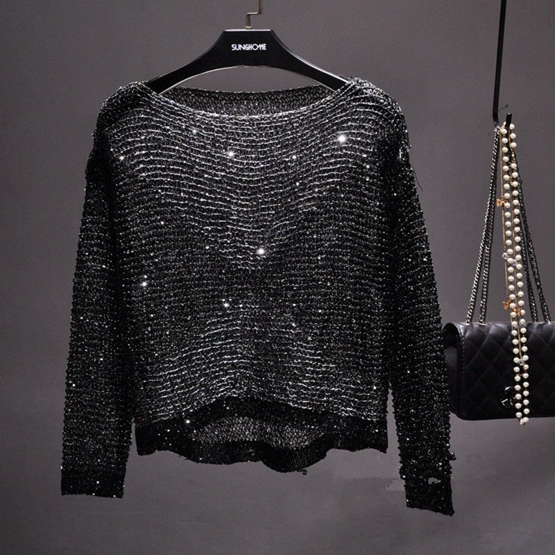 Hollow-out Sequin Loose Sweater Pullover Fil-Lumiere Underwear Blouse Long Sleeve Round