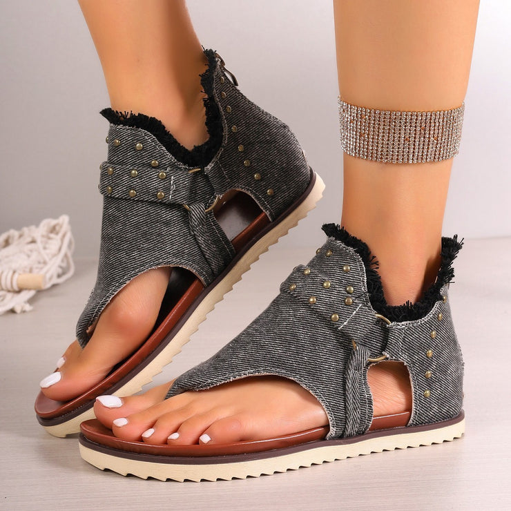 Denim-Zehentrenner-Sandalen mit Reißverschluss hinten, flache Sommer-Retro-Strandschuhe für Damen