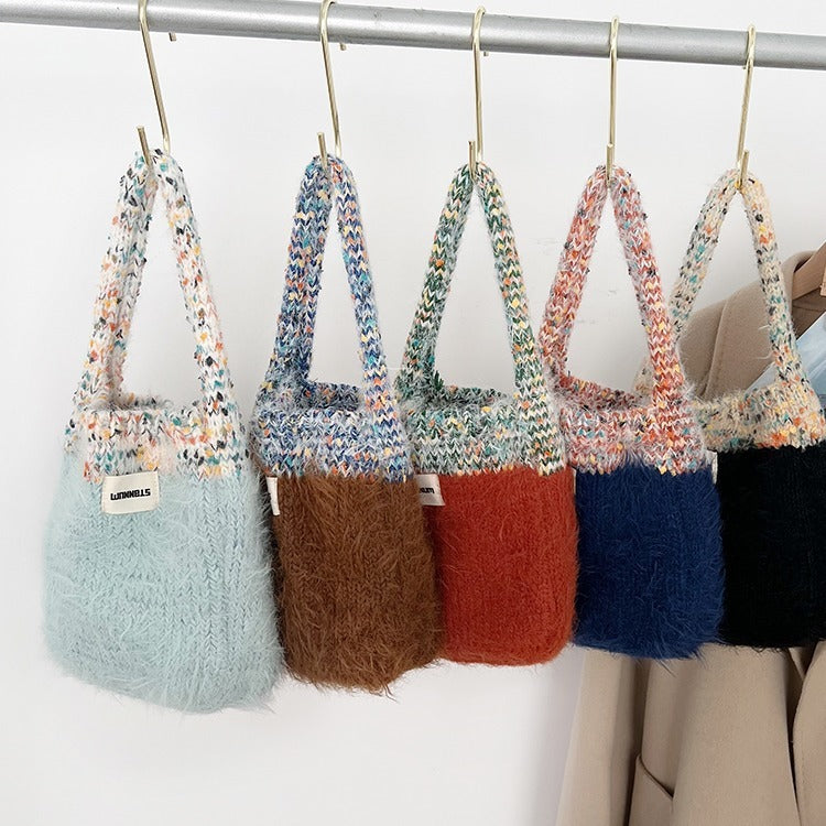 Maillard color fur bag Exquisite cute portable Korean style new contrast color knitted all-matching