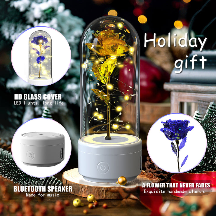 Kreatives 2-in-1-Rosenblüten-LED-Licht und Bluetooth-Lautsprecher Rose leuchtendes Nachtlicht-Ornament in Glasabdeckung