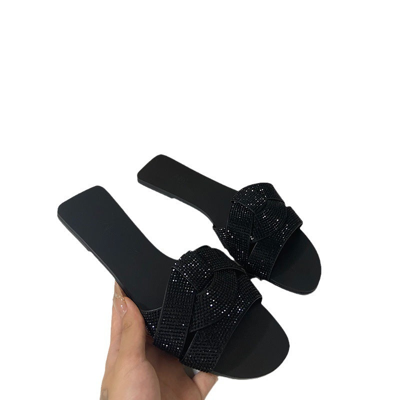 Damen All-Match Strass Mode Offene Zehen Rücken Leere Mode Äußere Kleidung Runde Zehe Strand Schuhe Flache Sandalen