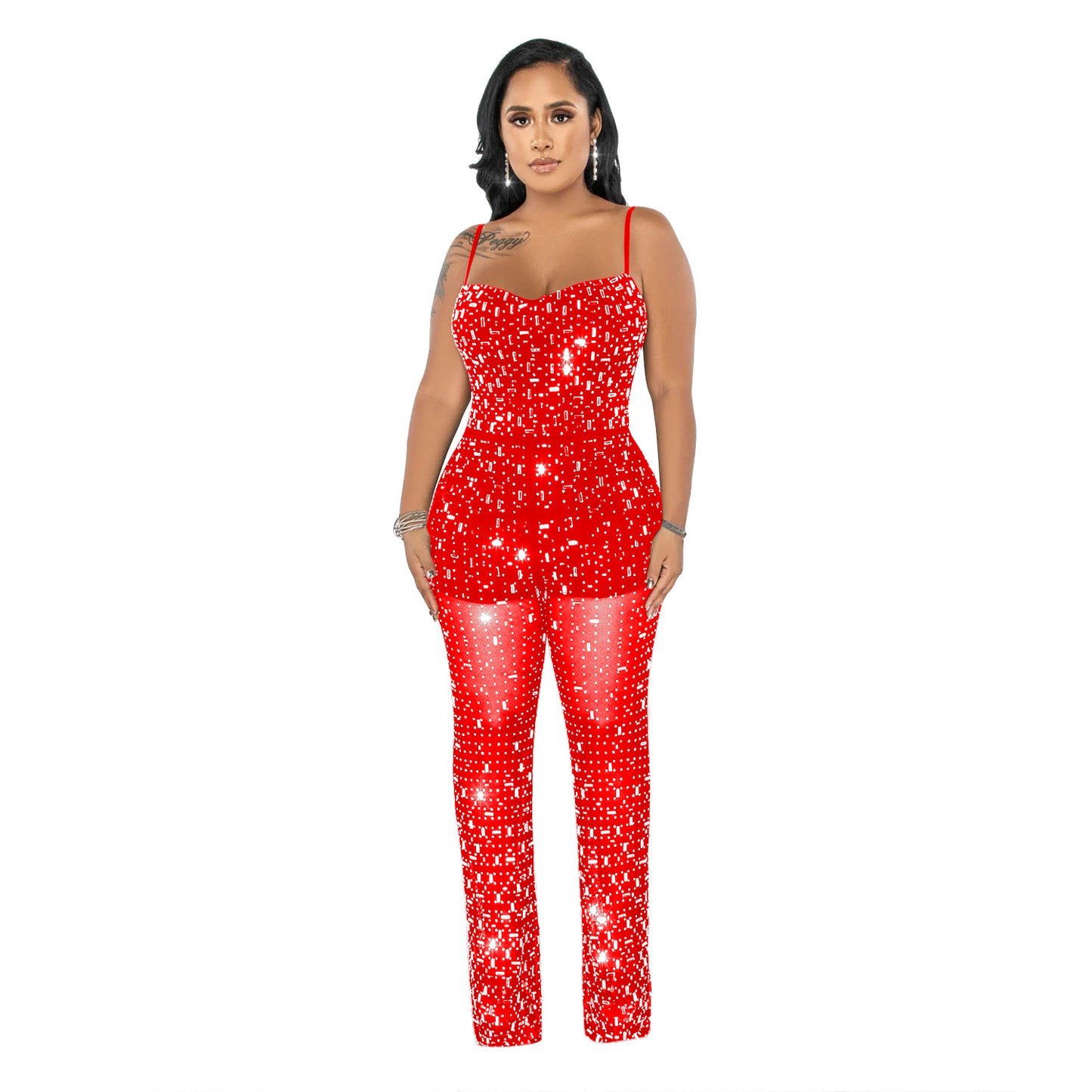 Women's Wear Rhinestone Mesh Camisole Sleeveless Trousers Jumpsuit