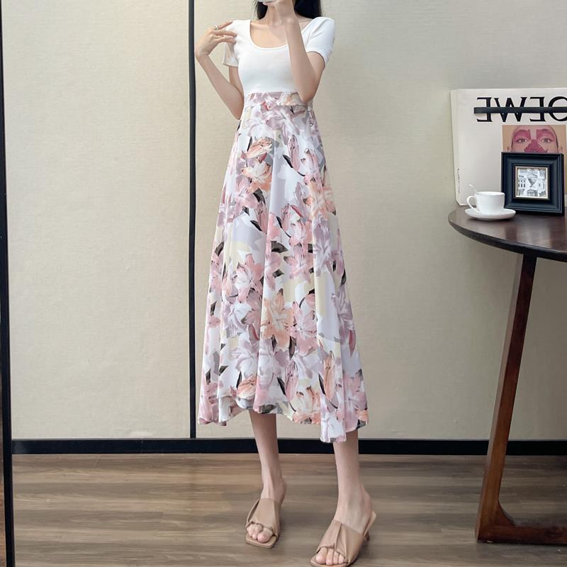 Women's Fashion High Waist Slimming Wide Hem Printed Dress