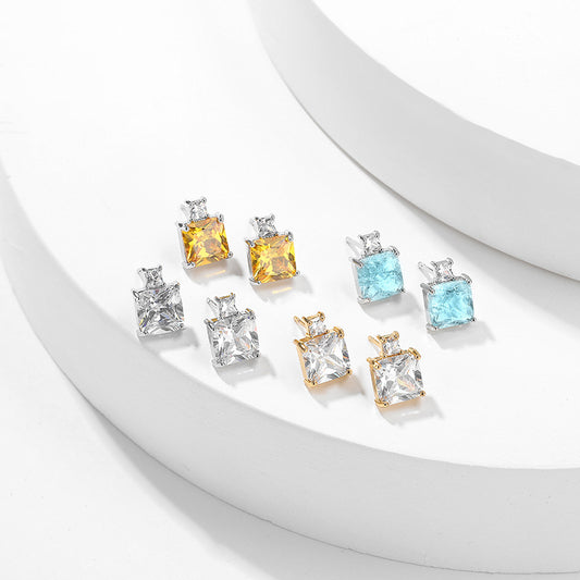 Colored gemstones blue burst geometric square zircon earrings