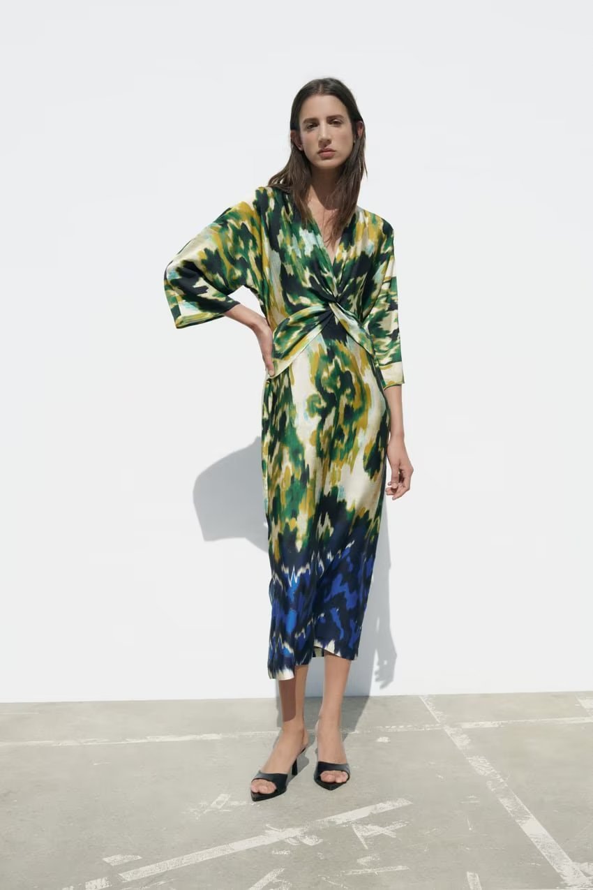 Street Style V-neck Elegant Loose Satin Sleeve Waist Trimming Printing Long Shirt Style Dress