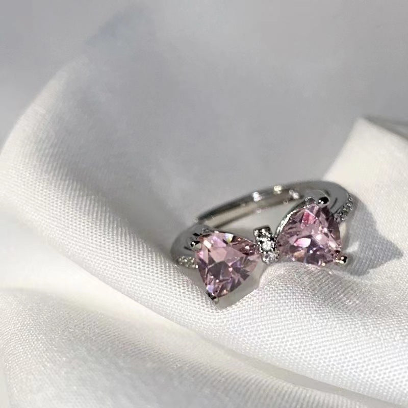 Princess's Castle Pink Bow Female Diamond Zircon French Girl Micro-inlaid Ring