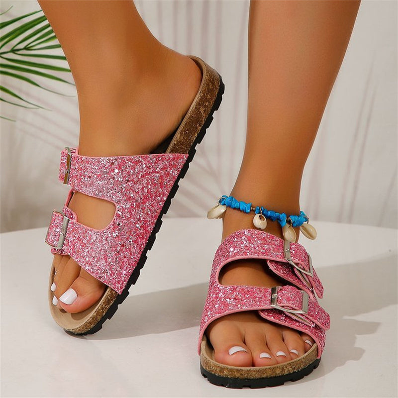 Double Buckle Sandals For Women New Fashion Sequined Beach Shoes Summer Leisure Outdoor Slippers Slides