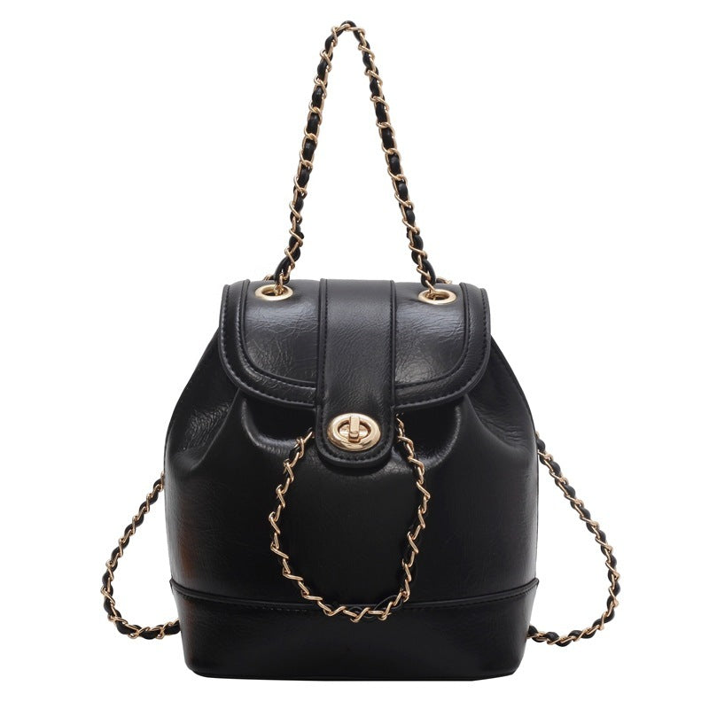 Ladies chain backpack one shoulder retro oily bucket bag