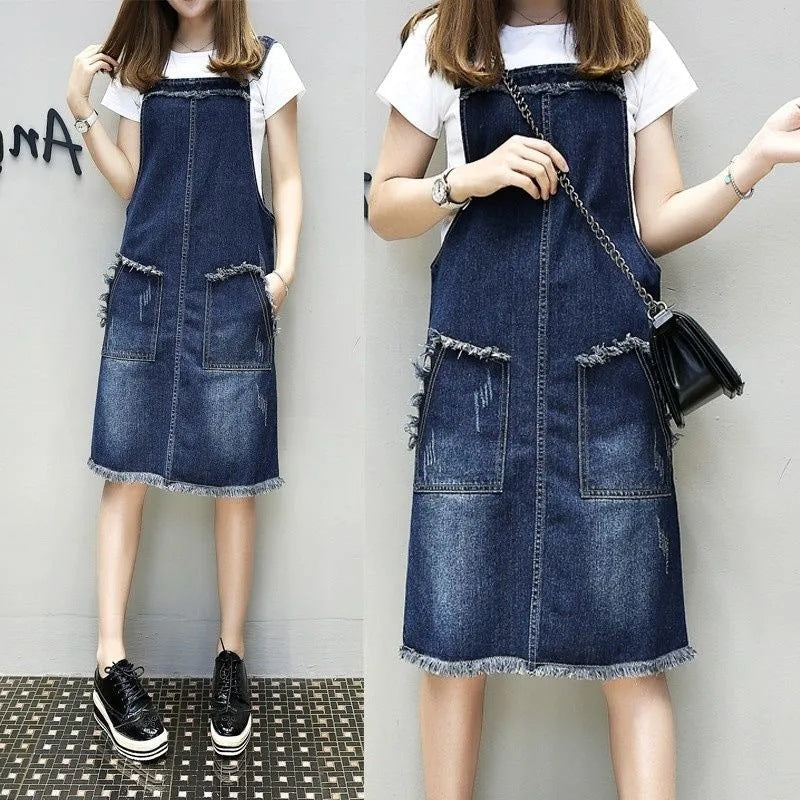 Plus-sized Plus Size Women's Clothing Spring And Summer Slimming Denim Suspender Skirt Slim Fit Dress Fat Sister