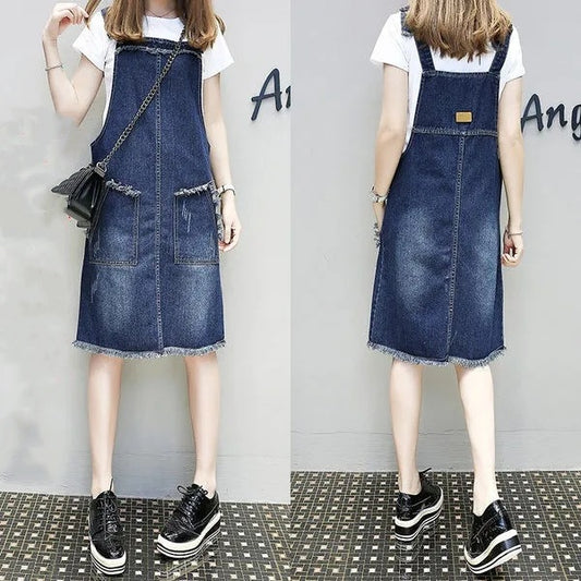 Plus-sized Plus Size Women's Clothing Spring And Summer Slimming Denim Suspender Skirt Slim Fit Dress Fat Sister