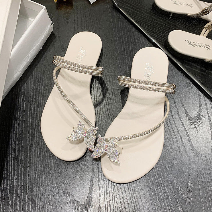 Plus Größe flache Unterseite Strass Bogen Zehe Abdeckung Sandalen Damen