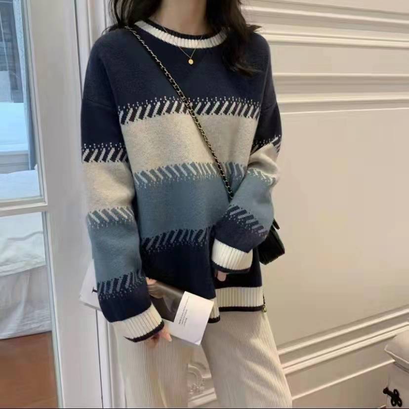 Soft Style Fashionable Stylish Contrast Color Lazy Sweater