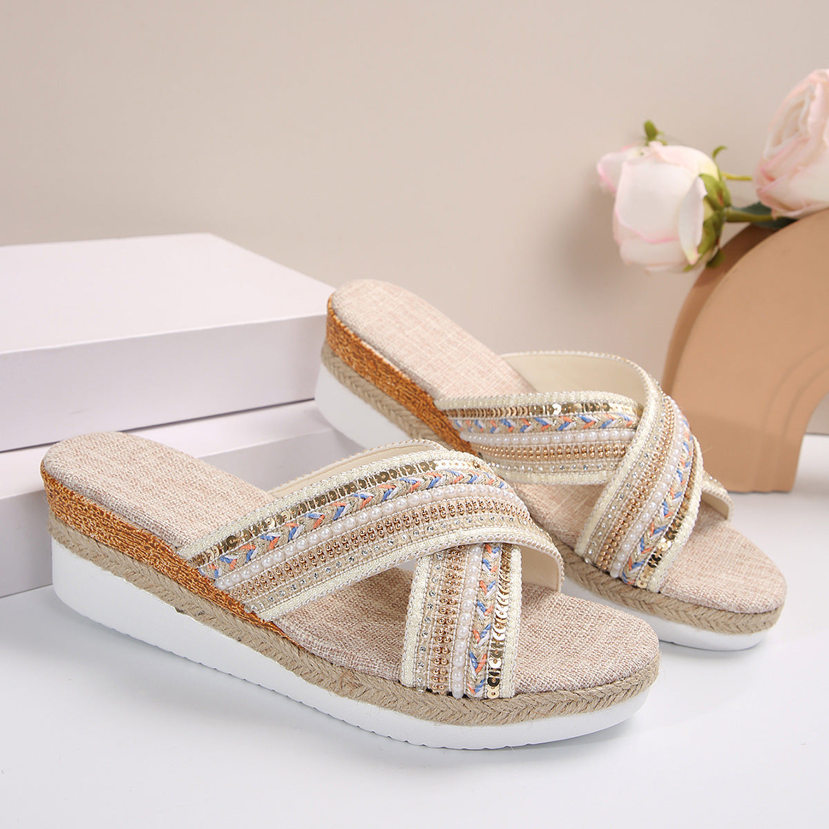 Linen Wedge Sandals Summer Ethnic Style Cross Strap Sandals for Women Anti-Slip Slides Beach Shoes