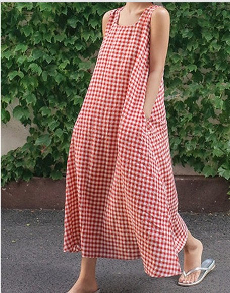 Women's Cotton And Linen Plaid Loose-fitting Casual Sleeveless Large Swing Skirt