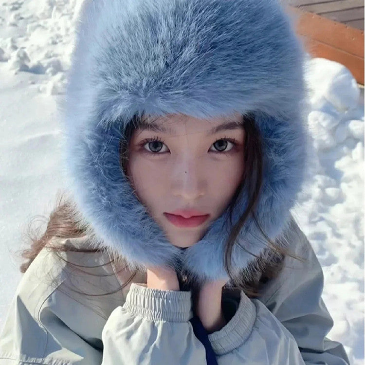 Blue Velvet Ushanka Female Winter Thicken Thermal Furry Earmuffs Hat