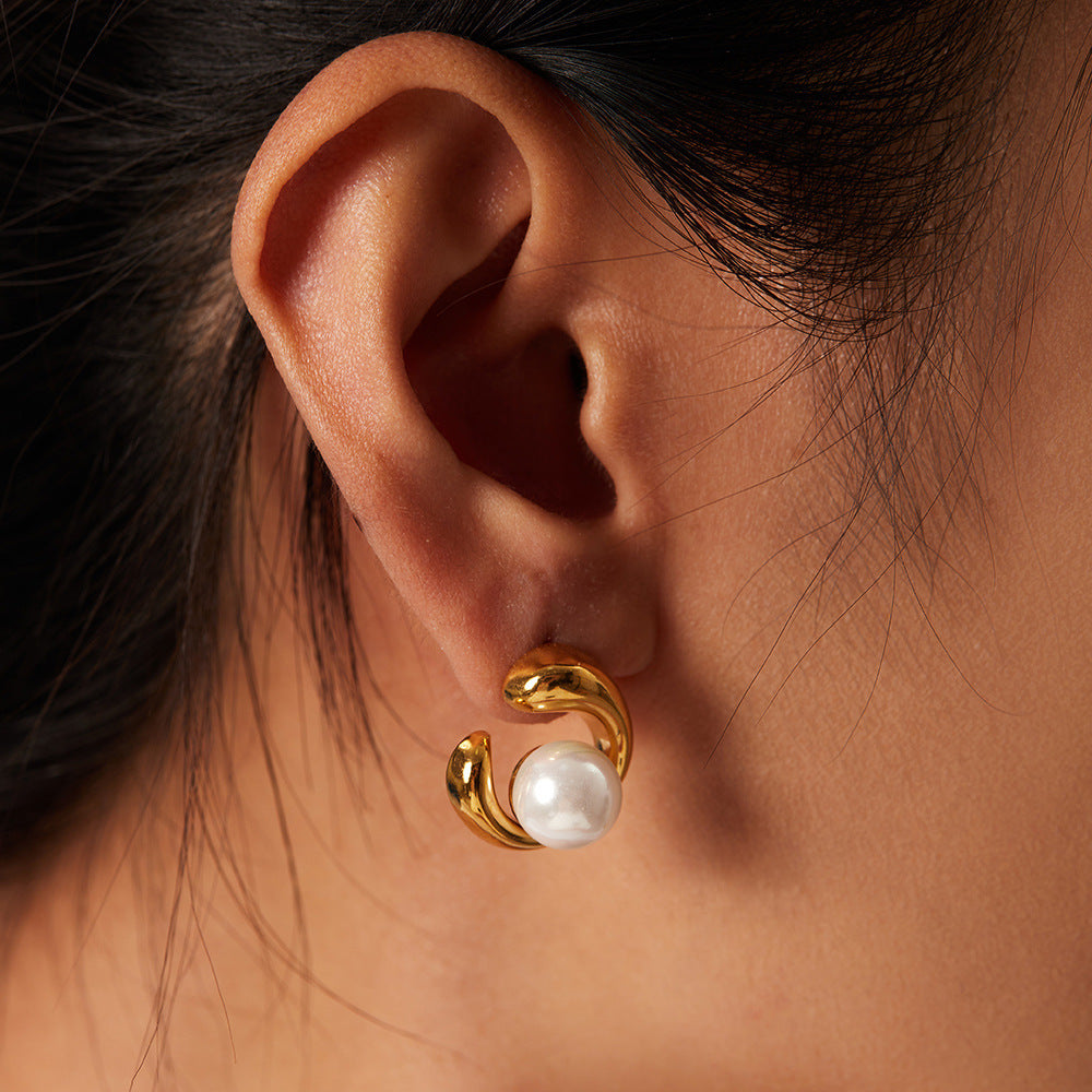 18k gold, stainless steel, geometric pearl stud earrings