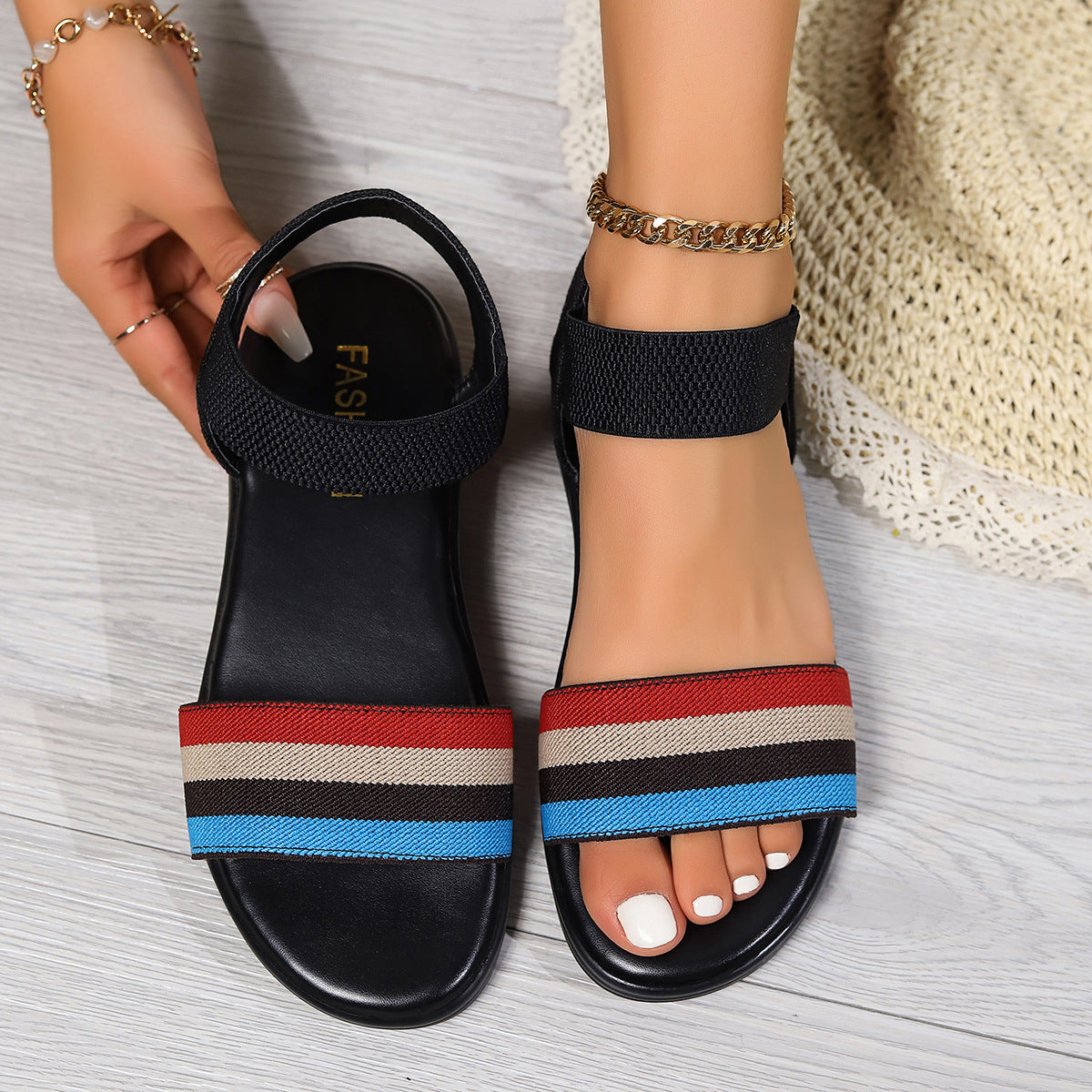 Fashion Color-Block Elastic Sandals Summer Fashion Fish Mouth Flat Shoes for Women