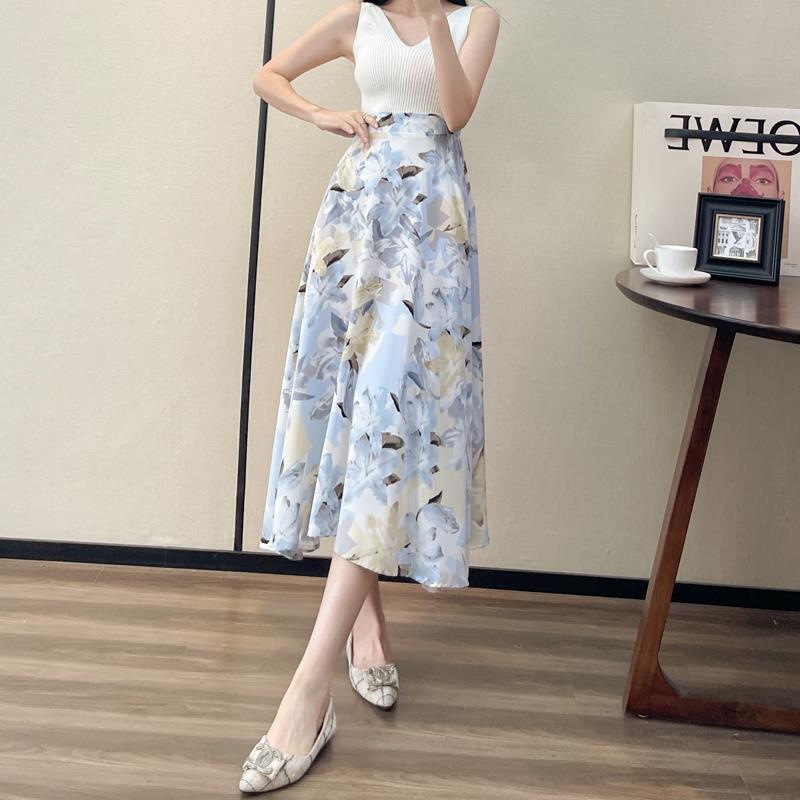 Women's Fashion High Waist Slimming Wide Hem Printed Dress