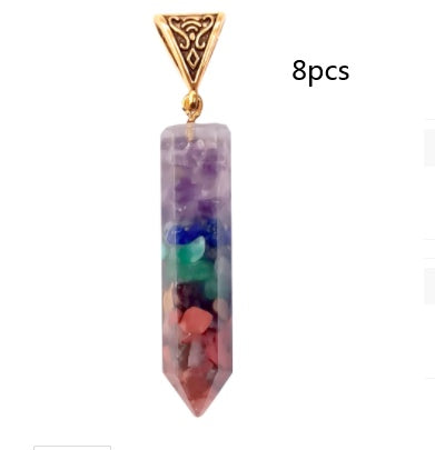 Seven Chakra Natural Crushed Stones Hexagon Column Necklace Aura Pendant