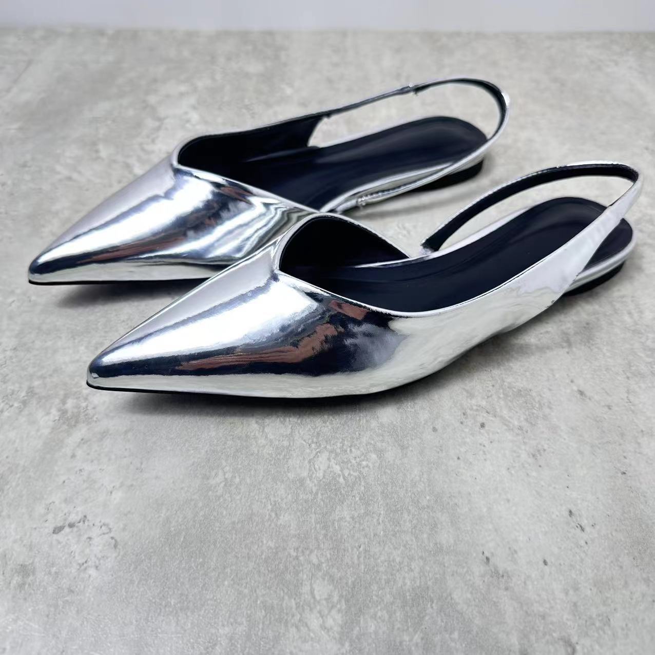 Women's Shoes Silver Paint Effect Flat Shoes Back Strap