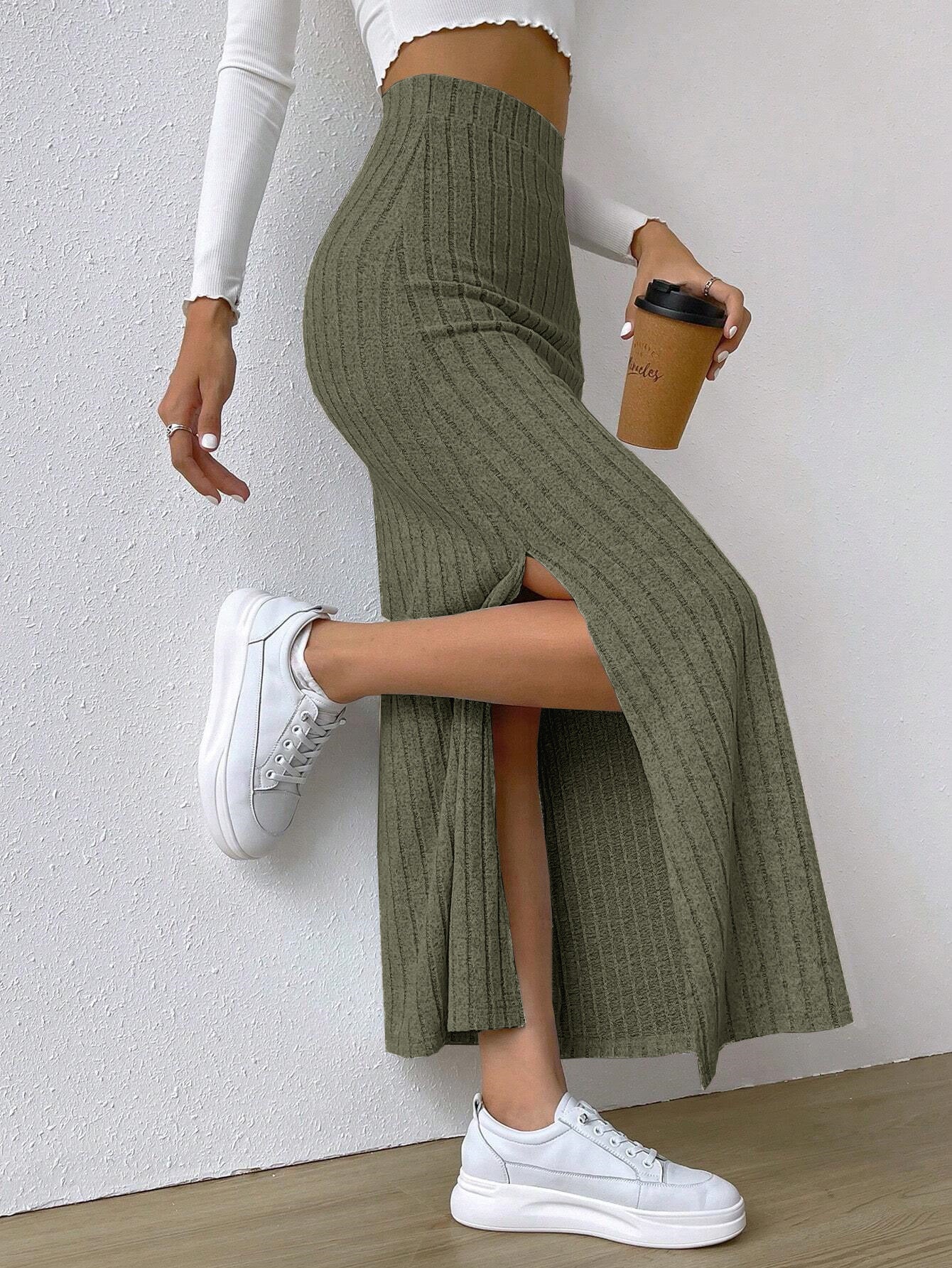 Spring Long Skirt High Waist Side Slit Slim Fit Knitted Women's Dress