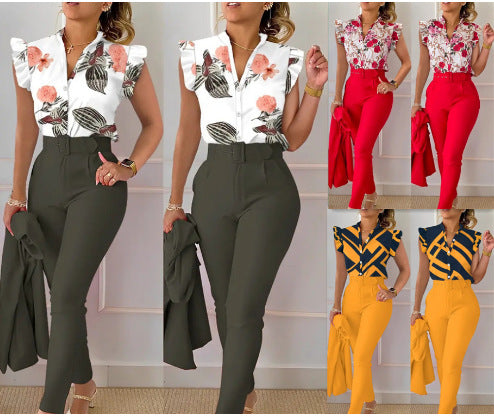 Printed Ruffle Sleeve Top Solid Color Pants Suit With Belt