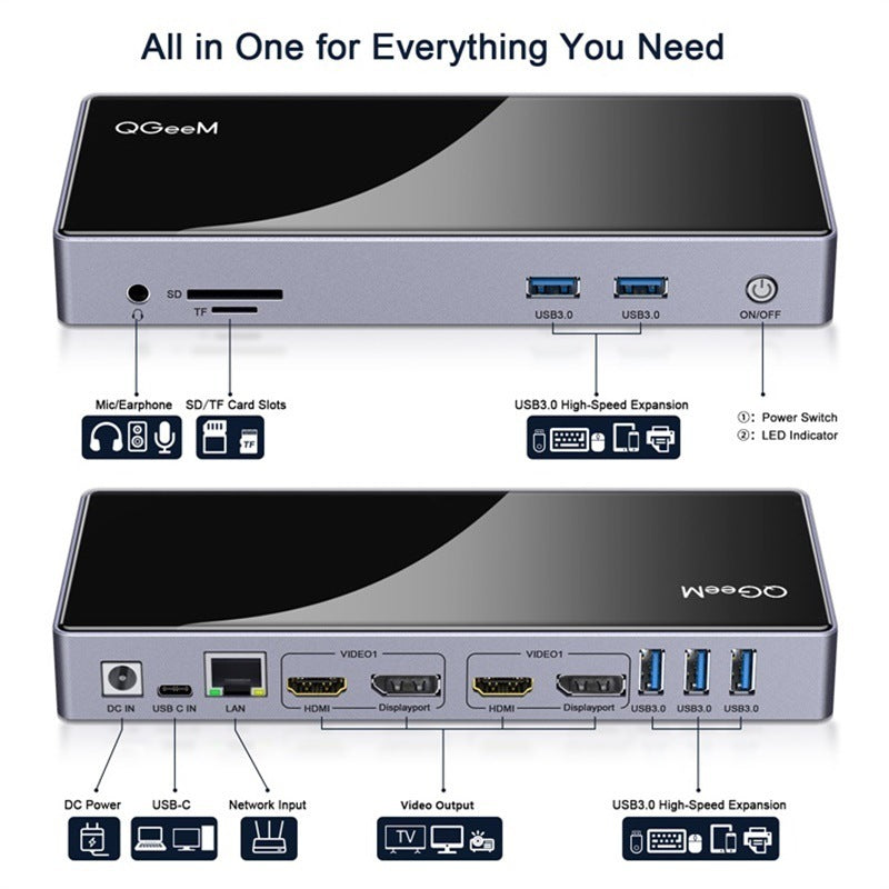 QGeeM 15in1 Type-C Multi-function DisplayLink Docking Station Single 5K Dual 4K Multi-system Compatible