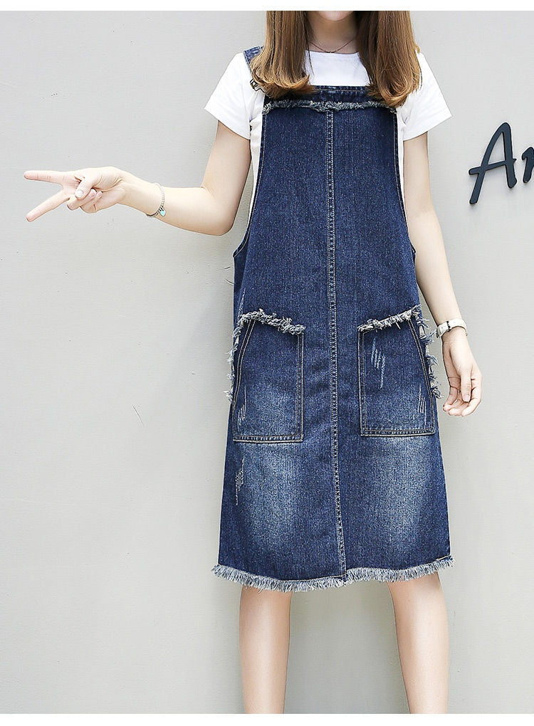 Plus-sized Plus Size Women's Clothing Spring And Summer Slimming Denim Suspender Skirt Slim Fit Dress Fat Sister