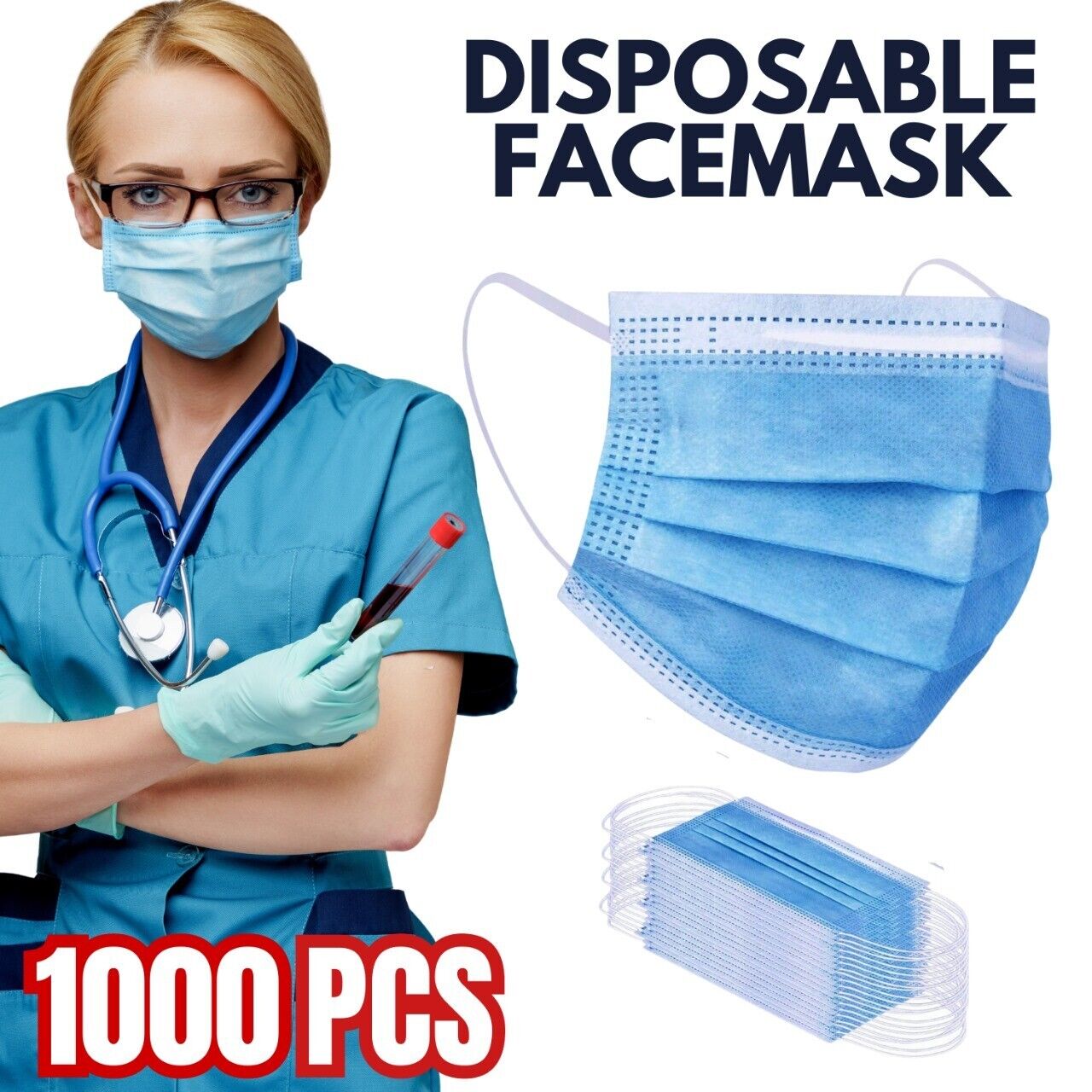 Disposable Face Mask, with Ear Loops, Mouth Guard 1000 Pieces