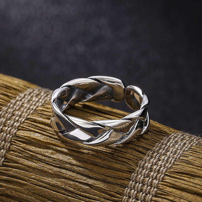 S925 Sterling Silver Simple Woven Glossy Ring