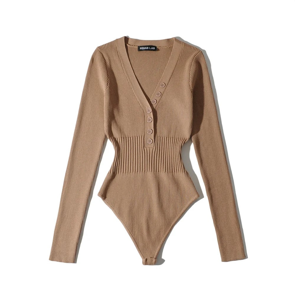 Bottoming Deep V-neck Buckle Waist-controlled Long Sleeves Jumpsuit