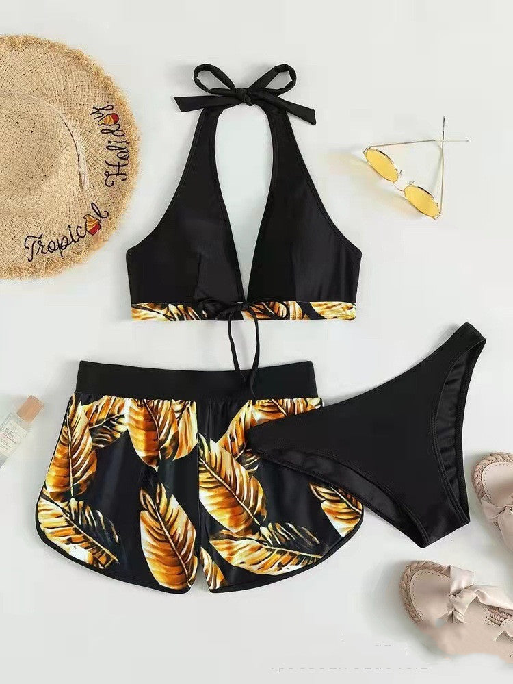 Fashionable 3-piece leaf print bikini set with shorts