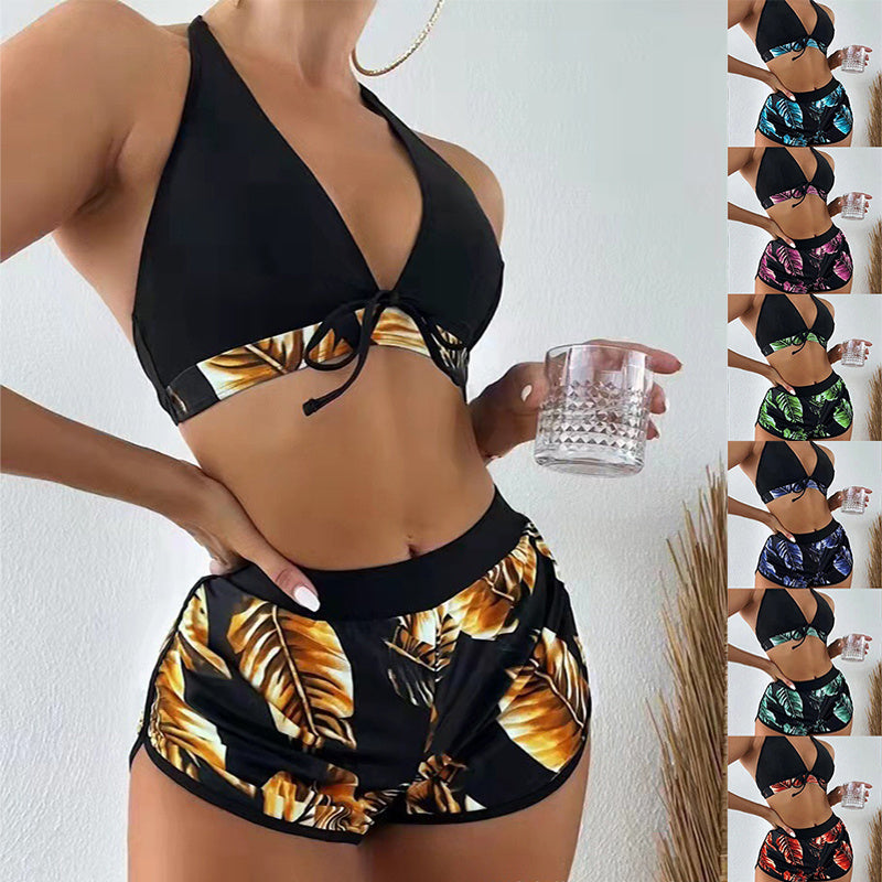 Fashionable 3-piece leaf print bikini set with shorts