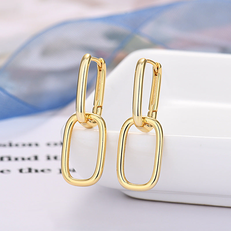 Geometric Ellipse Design Simple 925 Silver Needle Double Hoop Earrings