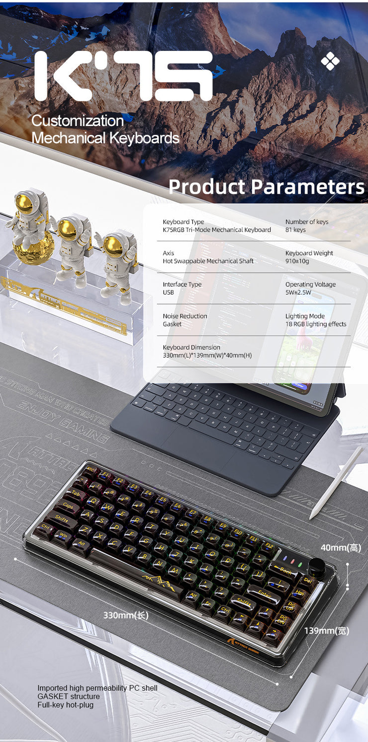 Attack Shark K75RGB Kabellose mechanische Bluetooth-Tastatur mit transparenter Dichtung und Hot-Plug-Funktion