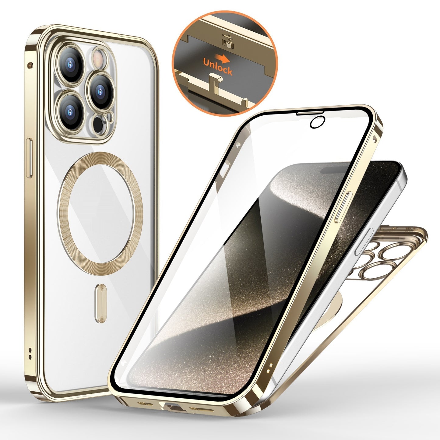 Metal Spring Closure Magnetic Double Sided Lens Phone Case with Full Cover