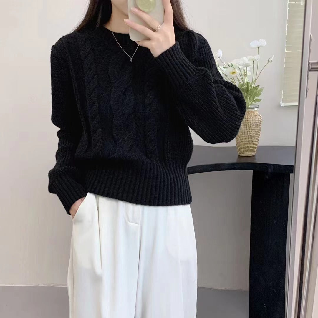 European And American Solid Color Knitwear Autumn Winter Japanese New Round Neck Pullover Lantern Sleeve Cable-knit Sweater