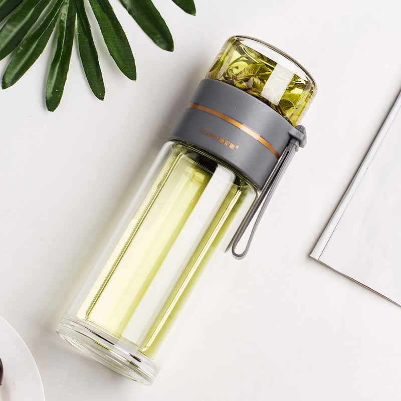 Glass water bottle with tea infuser filter, tea separation, double-walled glass bottle