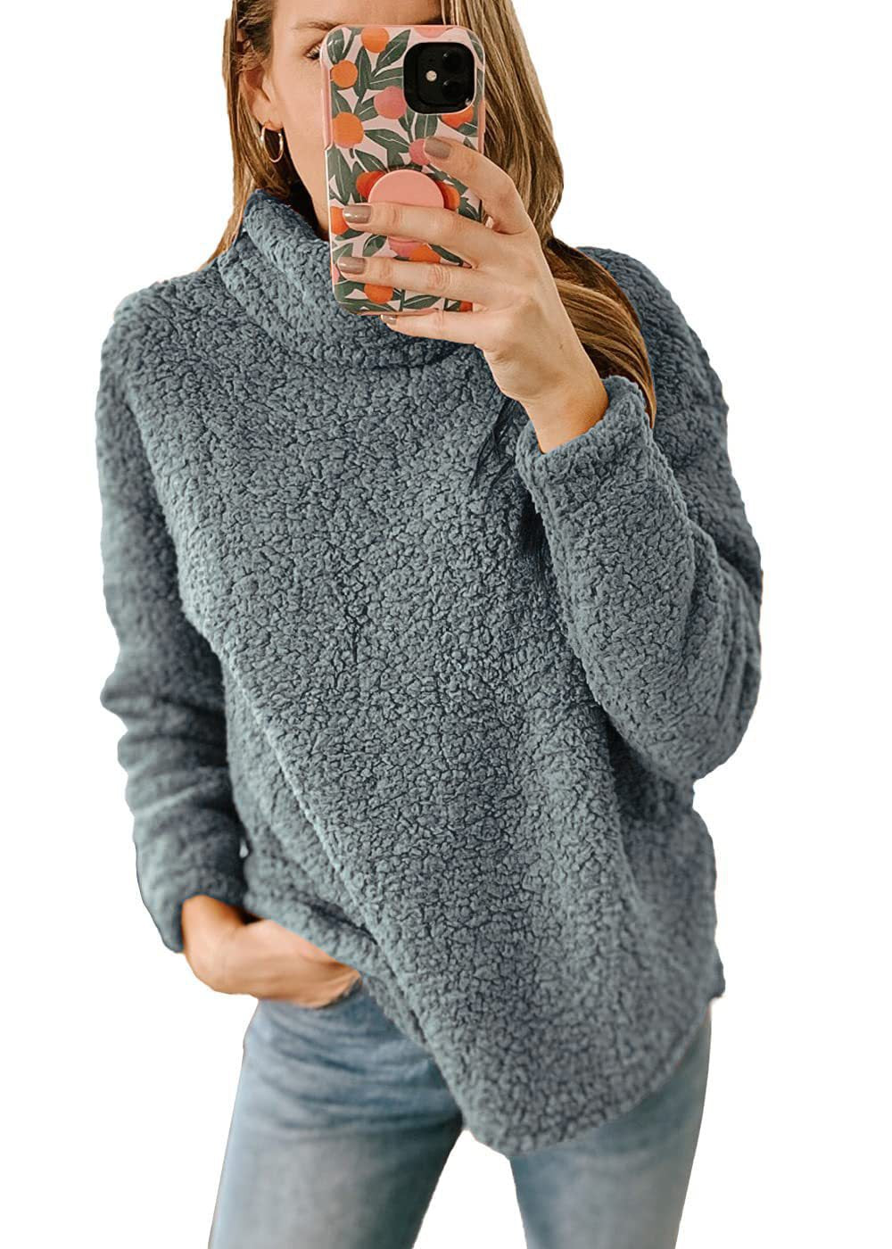 Women's Clothing New Furry Turtleneck Solid Color Hoodie Plush Top Women